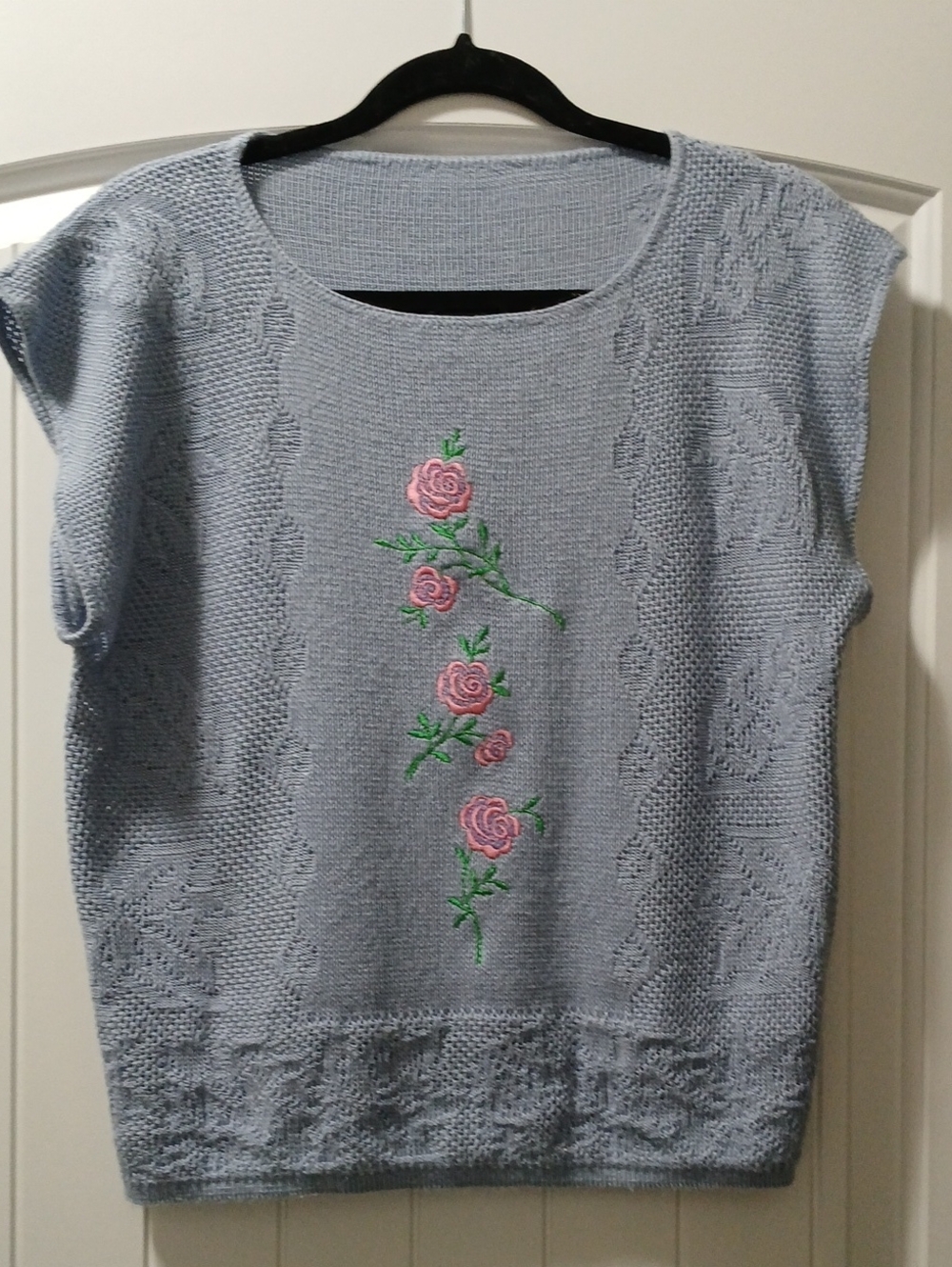 Light Blue Knit Sleeveless Sweater Top with Pink Rose Embroidery